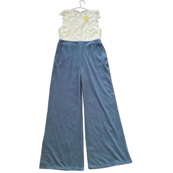 Available by Angela Lace Top‎ Blue Wide Leg Jumpsuit L • Elegant Party Outfit - Picture 4 of 13